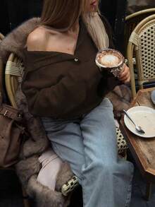 女士休闲复古高领修身长袖毛衣，灰色纯色落肩针织上衣，适合秋冬季节、日常通勤、商务休闲、外出以及返校、教师节等场合。 - 棕色 - 查看 3