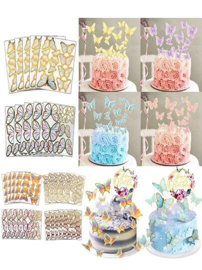 50Pcs Butterfly Cake Decoration Party Supplies Diy 3D Butterfly Cake Topper Decorative Valentine's Day Wedding Birthday Cake Insert Accessories