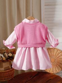 2 件女婴蝴蝶结装饰吊带背心和长袖衬衫裙，休闲日常装，适合春夏季外出和居家，学校风格 - 粉色 - 查看 2