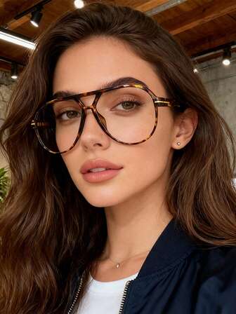 1 pieza Gafas de moda con doble puente y montura grande de estilo retro para mujeres, versátil
