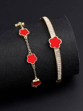 2pcs Classic Elegant 5-Petal Flower Bracelet Jewelry Set, Gift For Women, Engagement, Birthday