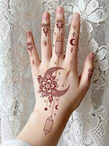 2pcs Moon & Flower Pattern Burgundy Temporary Tattoo Stickers - Manhaiti Design Body Art Tattoos, Suitable For Party And Holiday - Brown - View 4