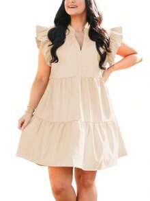 Plus Size V Neck Babydoll Dress Ruffle Short Sleeve Tiered Swing A Line Summer Mini Dress For Women - Màu Khaki - Xem 4