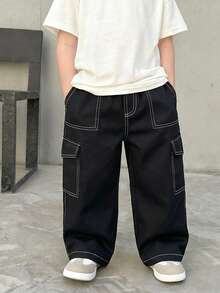 1pc Boys/Teens Plain Color Casual Straight Leg Cargo Pants With Flap Pockets, Versatile For Spring, Summer, Autumn, Winter