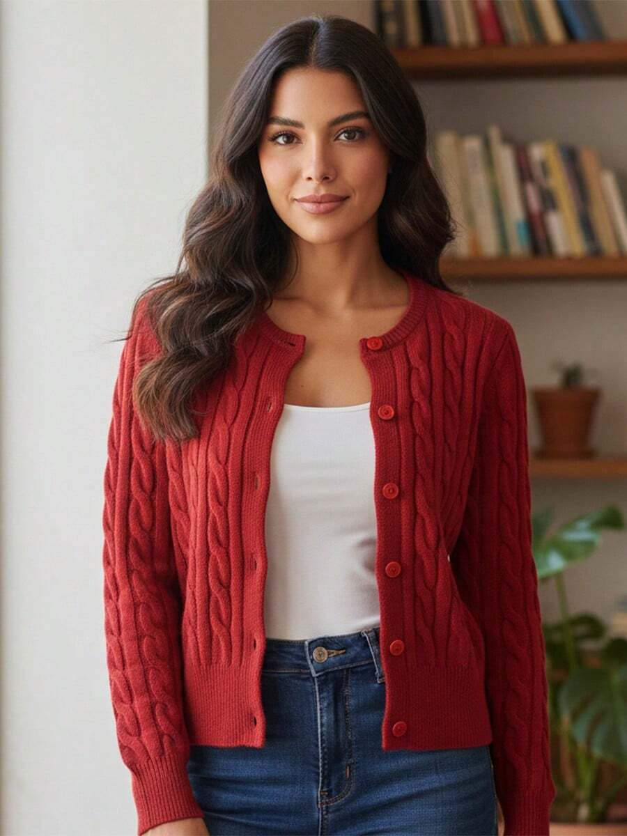 Cárdigan académico para mujer de punto trenzado liso con cuello redondo, manga larga y botones - Rojo - Ver 1