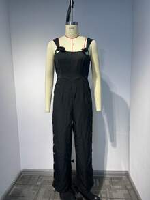 夏季新款休闲风系带可调节肩带左右开衩无袖连体裤