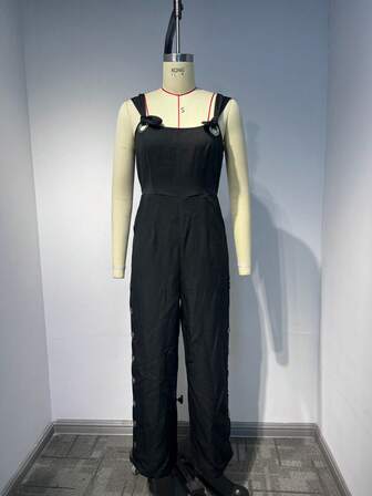 夏季新款休闲风系带可调节肩带左右开衩无袖连体裤