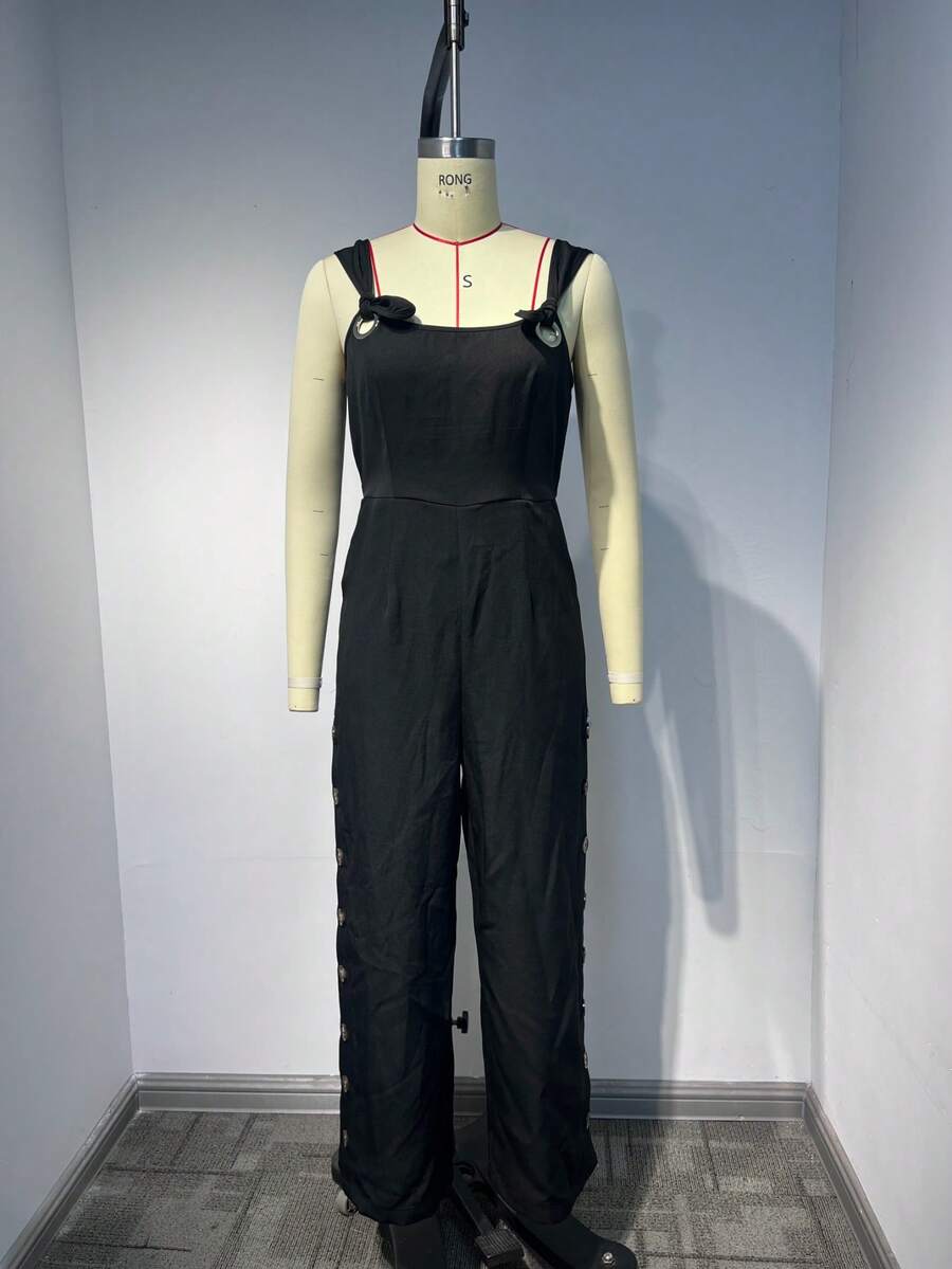 夏季新款休闲风系带可调节肩带左右开衩无袖连体裤