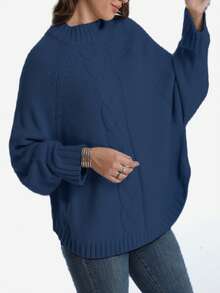 大码休闲纯色蝙蝠袖套头衫，秋冬 - 寶藍色 - 查看 2