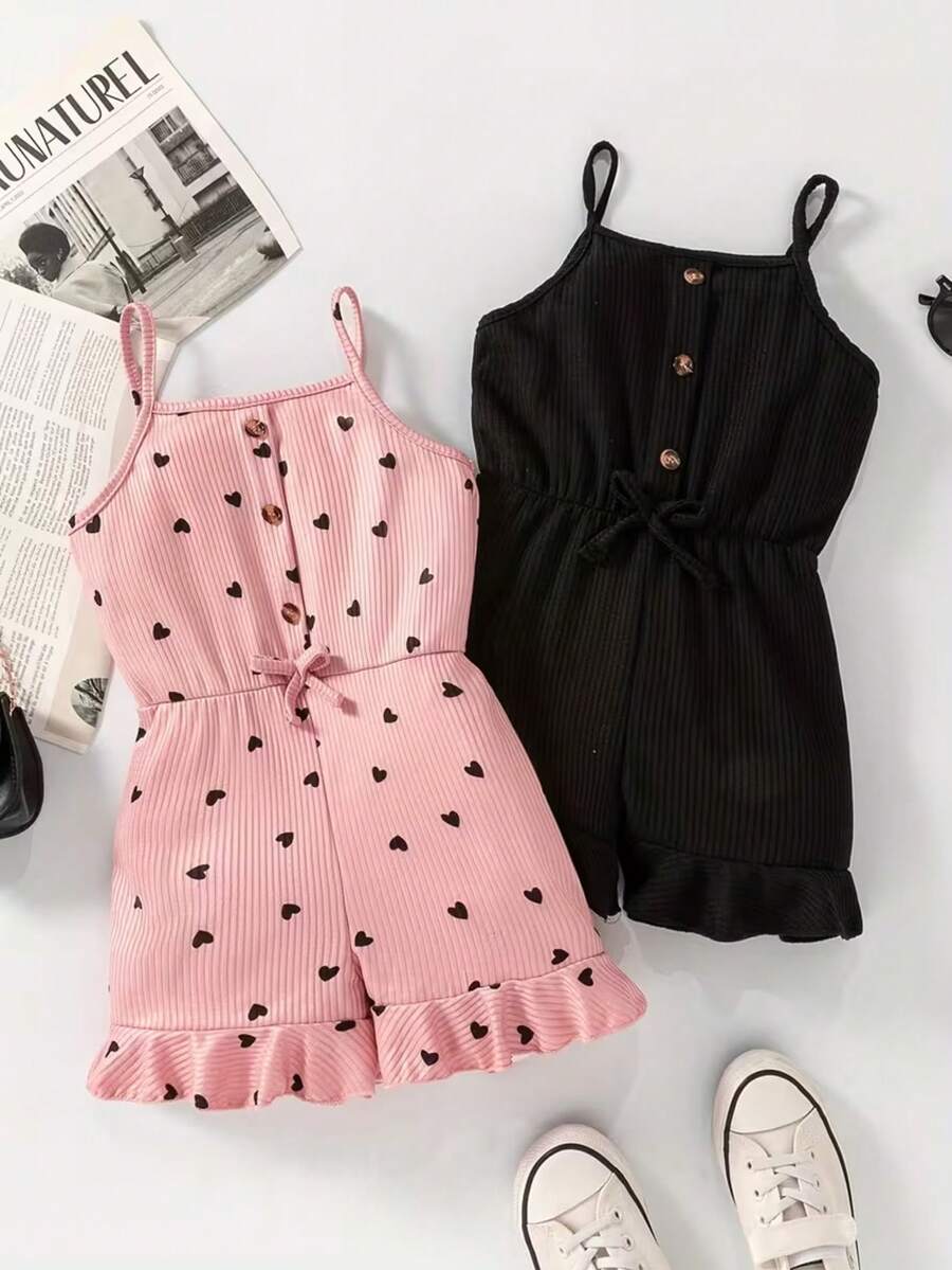 2 piezas Monos casuales de verano para niñas con tirantes, hechos de tela de punto de poliéster con ribete de lechuga, ajuste regular y elástico, adecuado para jóvenes, excelente para uso al aire libre - Rosa - Ver 1