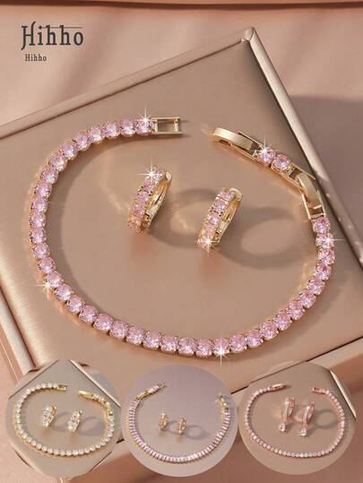 Hihho 3 Stücke Cubic Zirkonia Hochzeitsschmuckset, Braut Cubic Zirkonia Tennis Armband, Damen Schmuckset mit rosa Ohrringen und rosa Armband (unterschiedliche Anzahl und Länge der Zirkonia Steine)