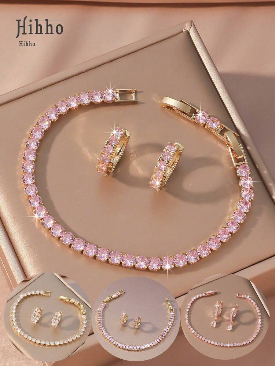 Hihho 3pcs Cubic Zirconia Wedding Jewelry Set, Bride Cubic Zirconia Tennis Bracelet, Ladies Jewelry Set With Pink Earrings And Pink Bracelet (Varying Zirconia Stone Counts And Lengths) - Pink - View 1