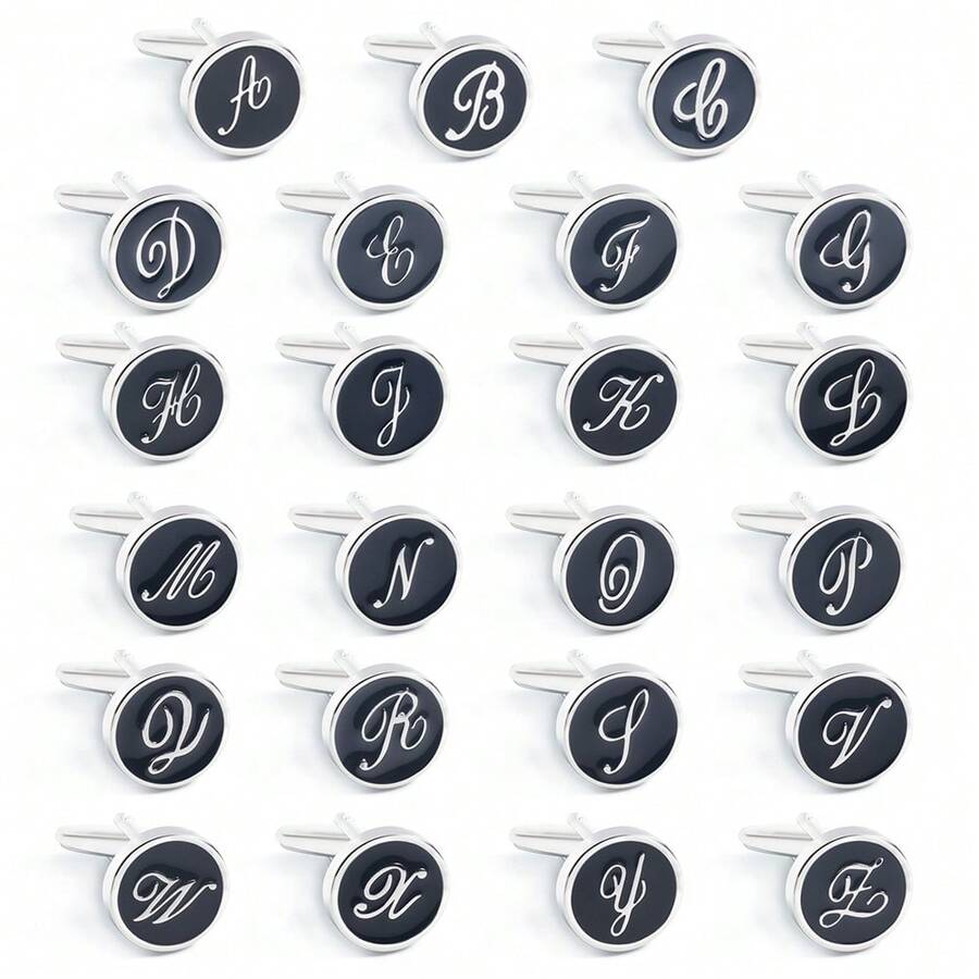 1 对时尚黄铜字母 A-Z 珐琅彩绘袖扣，日常佩戴 - 銀色 - 查看 1