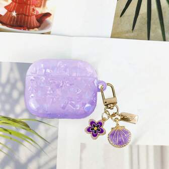 1pc Minimalist Light Purple Shell Texture IMD Shockproof Earphone Case + Shell Flower Decor Bluetooth Earphone Charging Case Protector Compatible With Apple 1st/2nd/3rd/Pro/Pro 2nd Gen, Creative Design For New Gen 4