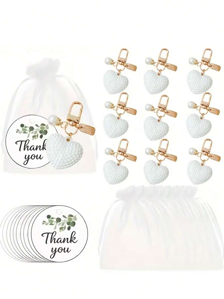 30/15pcs Pearl Heart Shaped Keychain Gift Set, Includes 5 Keychains, 5 Thank You Cards And 5 Organza Bags. Features Hollow Pearl Heart Decor, Bag Charms, Suitable As Party Favors. Perfect For Valentine's Day, Wedding Favors, Banquet Gifts, Bridal Shower Favors, Mother's Day Gifts And Other Party Gifts. - Multicolor - View 1