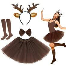 3PCS Ladies Christmas Reindeer Costume Accessory Set - 3-Piece Christmas Antler Headband, Tutu And Face Tattoo Stickers - Perfect For Christmas Festive Cosplay Parties