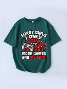 男童休闲图案T恤，字母和游戏机印花，圆领短袖，春夏款 - 墨綠色 - 查看 3
