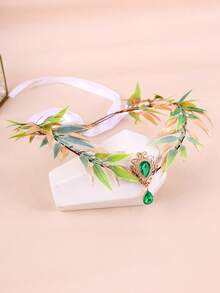 复古森林仙子耳朵头饰套装，森林仙女绿叶宝石藤蔓头箍，文艺复兴节角色扮演道具