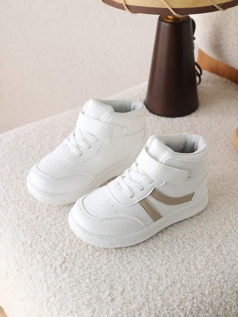 1 Pair Kids High-Top Canvas Sneakers, Fashion Student Soft Sole Wear-Resistant Small White Shoes For Boys & Girls, Winter - Khaki - View 1