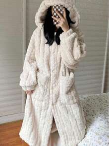New Autumn/Winter Plush Long Robe, Plus Size Thick Pajama Set, Soft & Comfortable Long Loungewear - Multicolor - View 3