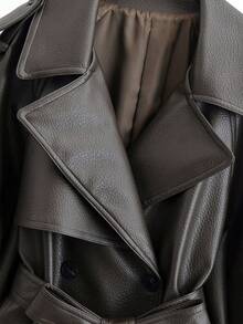 Solid Color Lace-Up Long Leather Windbreaker, Autumn/Winter Spring - Coffee Brown - View 4