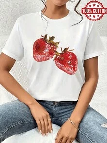 1PC 100% Cotton Shiny Strawberry Graphic Women's Short Sleeve TShirt, Perfect Birthday Gift, Holiday Gift. - Blanco - Ver 1
