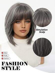 12 英寸优雅灰色长卷发假发，带挑染和刘海 - 深色发根至浅色发梢，适合女士日常派对度假旅行的合成假发