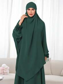 مجموعة حجاب + عباية مسلمة 2 قطعة، قماش نيدا أحادي اللون، لطيف على البشرة وقابل للتنفس، خمار طويل مزدوج الطبقة، مناسب للنساء المسلمات للارتداء اليومي والصلاة، جميع الفصول