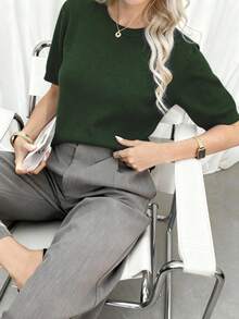 Pull élégant tricoté pour femme, col rond à manches courtes, style rétro minimaliste, pour le printemps/automne, convient pour le port casual à Noël, Thanksgiving, Nouvel An - Vert armée - Voir 4