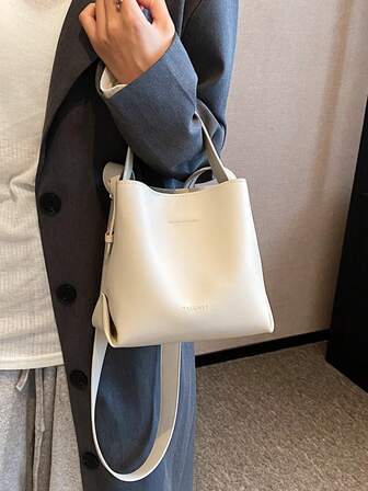 Bolso de mano de mujer de moda, bolso cubo de color beige minimalista, material de PU, bolso de hombro versátil y vintage para uso diario y compras, adecuado para damas