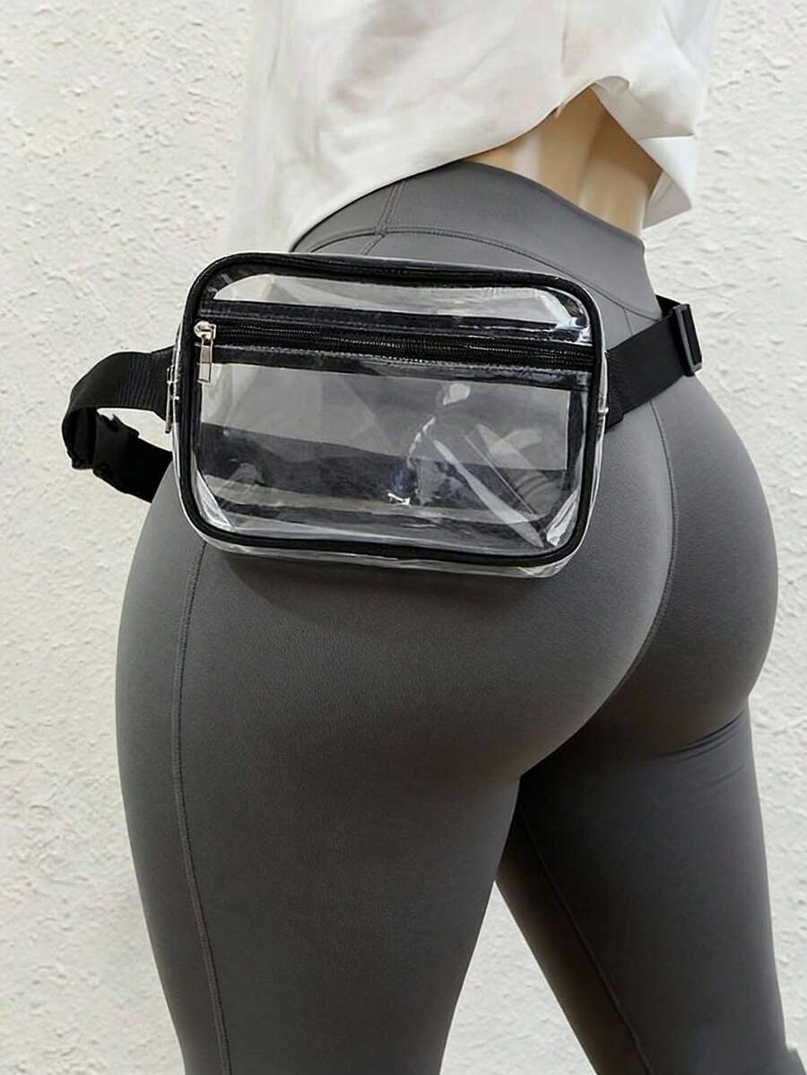 1pc Fashion Contrast Color Frame Clear Fanny Pack Chest Bag, Adjustable Length, Zipper Closure, Large Capacity, Suitable For Beach, Shopping, Traveling - Black - View 1