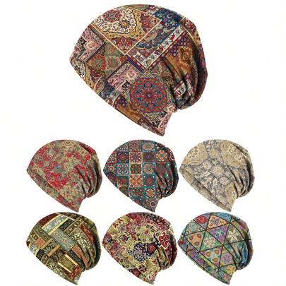 1pc/7pcs Vintage Mandala 2D Digital Print Unisex Elastic Skull Cap, Versatile Neck Scarf Headband, Comfortable Headwear, Suitable For Valentine's Day, Mother's Day And Father's Day Gifts, Casual Beanie