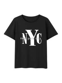 Áo thun ngắn tay nữ mùa hè in hình thành phố New York, kiểu dáng thoải mái, đa năng, màu đen. - màu đen - Xem 5