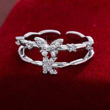 1pc Letter Design Cubic Zirconia Inlaid Adjustable Open Ring For Women - Multicolor - View 60