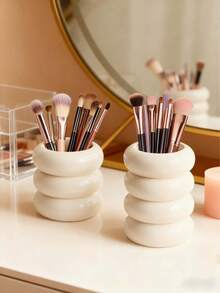 1 pièce Porte-pinceau de maquillage en résine en forme de pot de miel blanc laiteux, design en relief asymétrique, décoration de bureau multifonctionnelle, mini vase en céramique et boîte de rangement, convient pour le salon, la chambre à coucher et le bureau - Multicolore - Voir 4