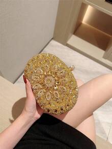 Sparkling Luxurious Rhinestone Decor Handbag, Small Clutch Purse, Elegant For Evening Gown, Wedding, Party, With Metal Chain, Fashionable Lady Handbag, Bridal Purse, Perfectly Matching With Prom Accessories, Prom Bag For Party, Clutch Bag For Wedding,Purses And Bags Women,Gifts For Women ,Valentine's Day,New Year - 金色 - 查看 2