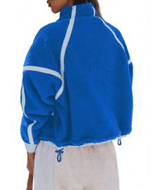Women's Casual Elegant Blue Polyester Stand Collar Long Sleeve Zippered Drop Shoulder Regular Coat - 藍色 - 查看 5