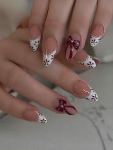 24片中号杏仁形美甲贴纸，白色法式尖头，红色蝴蝶结珍珠装饰，简约风格，光泽全覆盖，适合女性和女孩日常佩戴、约会、派对等场合。 - 彩色 - 查看 1