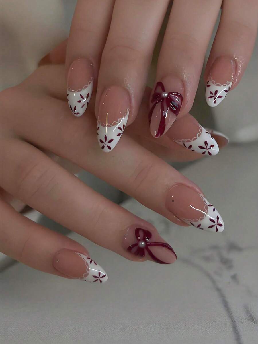 24片中号杏仁形美甲贴纸，白色法式尖头，红色蝴蝶结珍珠装饰，简约风格，光泽全覆盖，适合女性和女孩日常佩戴、约会、派对等场合。 - 彩色 - 查看 1