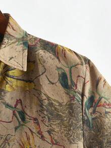 USLAN Men's Lightweight Floral Print Short-Sleeve Shirt - Casual Summer Loose Fit Button-Up Top - 卡其色 - 查看 5