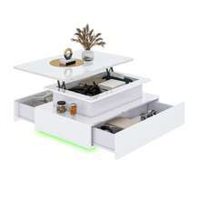 BALCONERA GeoTower Lift Top Coffee Table – High Glossy Modern Wooden Rectangle Tea Table With LED Strip & 2 Drawers - White - View 7