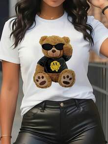 Women's Cute Teddy Bear & Honey Pot Graphic T-Shirt - Soft Short Sleeve Round Neck Casual Everyday Top With Heart Hands & Smiling Bear Design, Machine Washable Spring Summer Fall Outfits For Themed Events & Casual Attire (Brown/Black) - Playful Teddy Bear Print, Relaxed Fit, Comfortable Fabric, Versatile For Spring/Summer/Autumn, Women's Fashion Clothing - màu đen - Xem 6