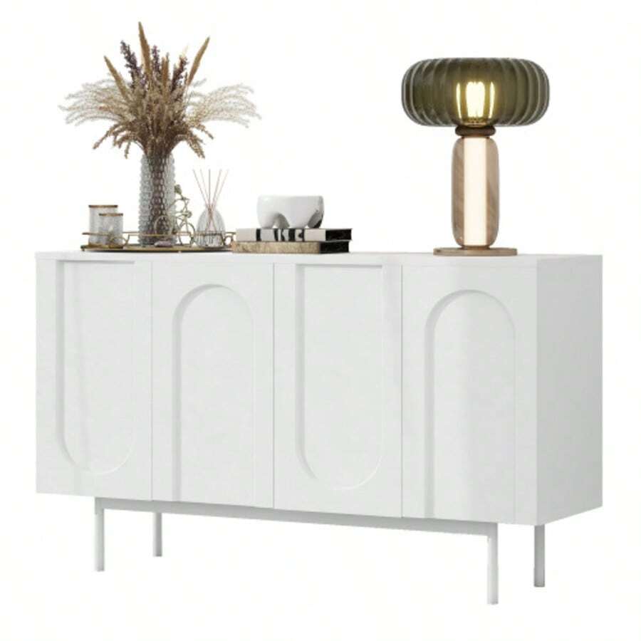 Modern Minimalist White Sideboard With 4 Türen Im Bogenmuster Für Esszimmer Und Wohnzimmer (Weiß) - White - View 1