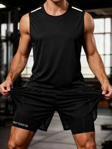 2pcs Men's Quick Dry Sports Set 2026, Spring/Summer Gym Fitness Wear, Sleeveless Tank Top And Shorts Matching Set, Men's Workout Training Running Suit - Black - View 3