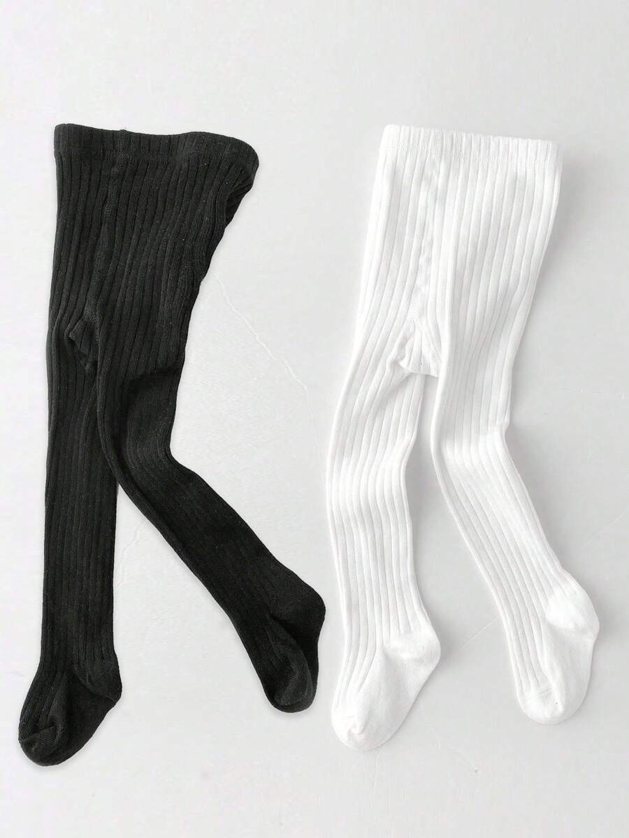 2pcs Kids' New Black & White Vertical Striped Tights, Solid Color Leggings, Fashionable Tight Pants, Versatile Student Bottoms