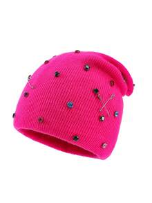 1pc Women's Fashion Punk Style Knit Beanie Hat With Colorful Rhinestone Brooch Pin, Warm Accessory For Autumn/Winter - A - View 7