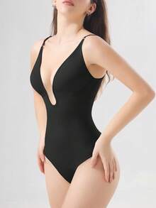 Deep V-Neck Jumpsuit, Waist Slimming, Backless Design, Body Shaping Shapewear - Black - View 1