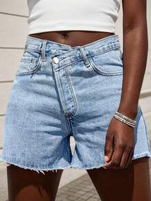 Women Crossover Stretch High Waisted Denim Shorts Curvy Casual Summer - Blue - View 3