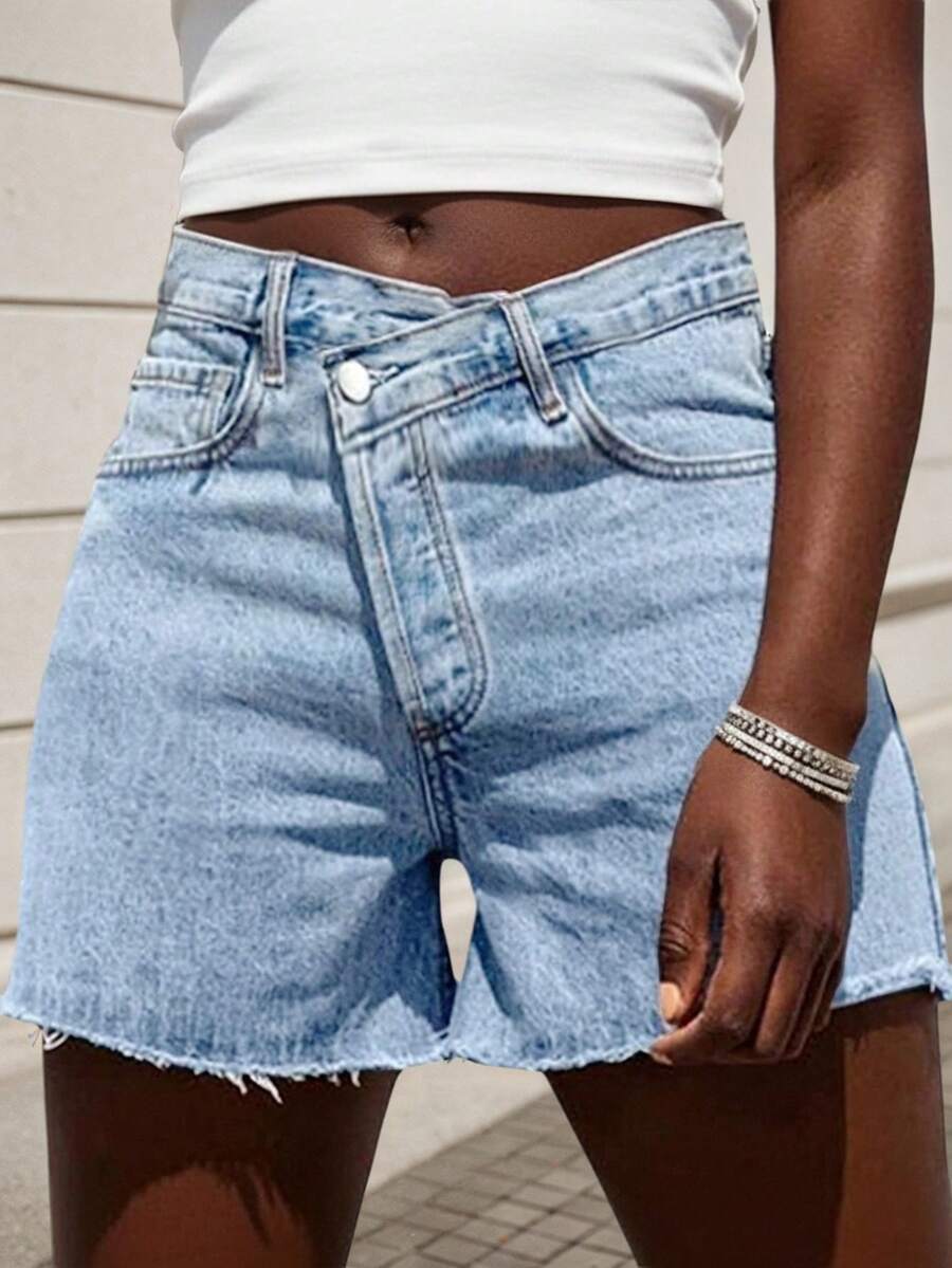 Quần short denim cạp cao co giãn chéo cho nữ, dáng ôm thoải mái, thường ngày mùa hè - Màu xanh lam - Xem 1
