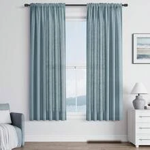 Blue Linen Semi Sheer Curtains 63 Inch Length For Living Bedroom 2 Panels Rod Pocket Light Filetring Privacy Linen Blend Cotton Textured Rustic Farmhouse Decor Drapes For Dining Room, W52xL63,52inchWx63inchL(Packof2),Blue - Blue - View 1